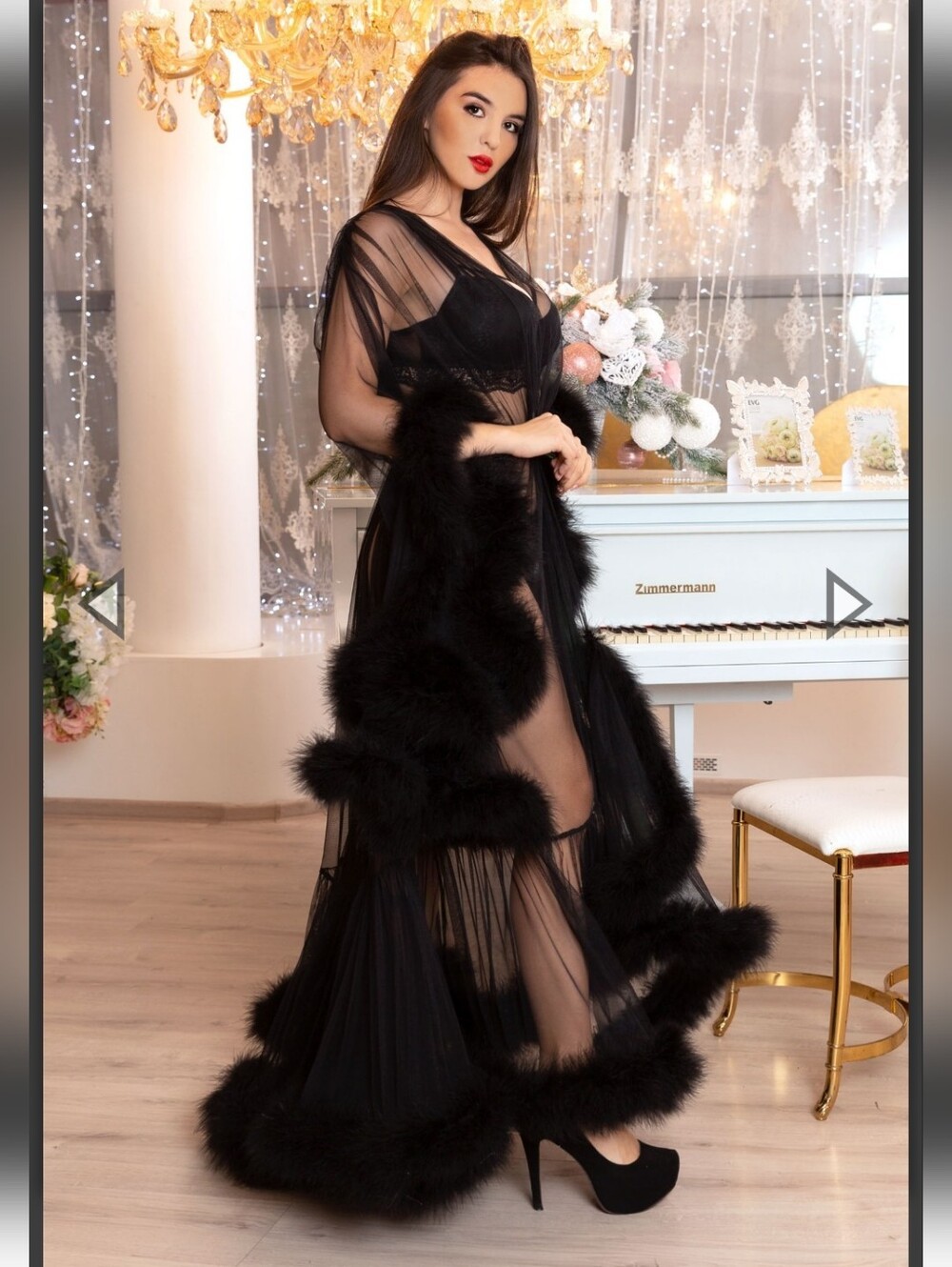 Erminel Black Sheer Boudoir Robe with Feathered Marabou Trim